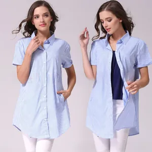 Detailed view of striped nursing shirt showing standard collar and versatile button-up front