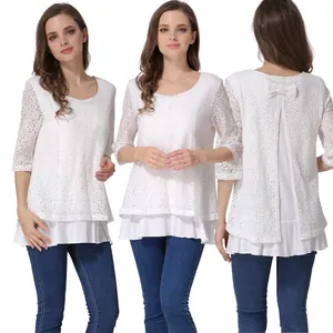 Three-way view of white lace nursing top featuring floral patterns and back bow detail