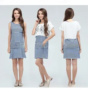 Drei-Wege-Ansicht eines gestreiften Stillkleids mit Stickerei und weißem Crop-Top-Overlay