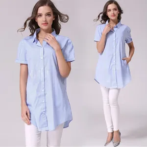 Detailed view of women's short-sleeve striped maternity shirt with professional OL collar