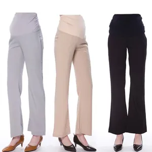 Loose maternity straight pants with high elastic belly support in grey beige and black
