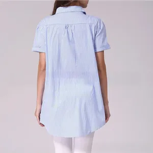 Rear view of striped maternity shirt showing the curved longer hem and breathable fabric