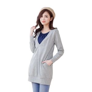 Sweat à capuche d'allaitement gris long avec col en V et poches latérales pour femme