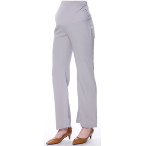 Maternity straight-leg pants in light gray with high elastic waist support and side pleats