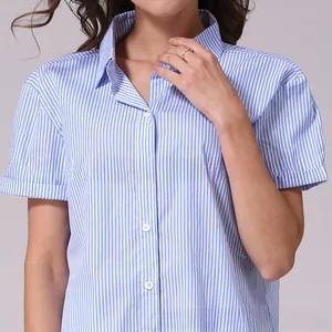Detail of blue striped short sleeve maternity shirt featuring classic collar and white buttons