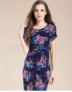 Detail of soft floral print maternity nursing dress in navy blue with rose pattern
