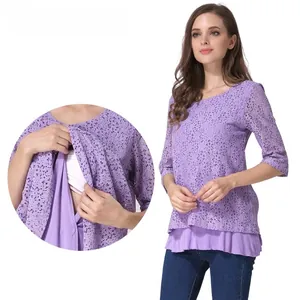 Detail view of purple lace nursing top showing functional side openings for breastfeeding