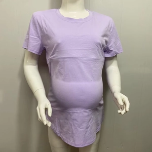Close-up of purple cotton nursing shirt featuring hidden zipper and elastic maternity fabric