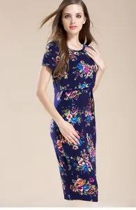 Detail of floral maternity dress with navy blue base and lift-up nursing access