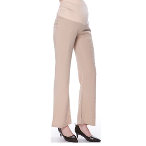 Beige high-waist maternity pants with elastic belly support panel in a straight-cut fit