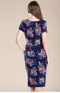 Detailed back view of a dark blue floral print maternity dress in soft stretch modal