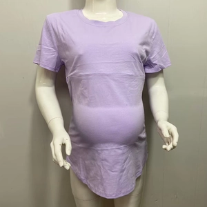 Detail of lavender cotton maternity top featuring concealed nursing zipper for breastfeeding