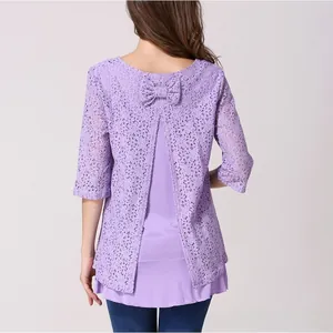 Detail of purple lace nursing top featuring a delicate bowknot on the back design