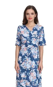 Detailed V-neckline of floral maternity dress with navy blue and pink pattern