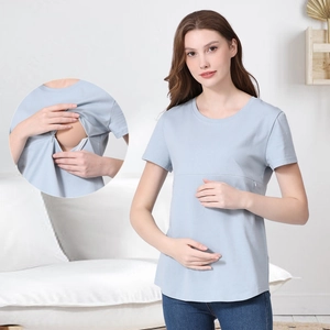 Women's Short Sleeve Nursing T-Shirt Cotton Round Neck Hidden Zipper Breastfeeding Top Casual Maternity Tee Pregnant Top