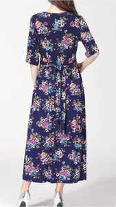 Detail view of floral maternity dress back with adjustable waist tie and A-line silhouette