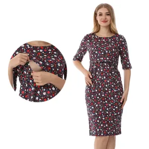 Robe de Maternité et d'Allaitement à Motifs Floraux en Coton Demi-Manche Col Rond Robe Midi Élégante pour Femmes