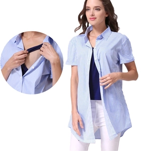 Cotton Striped Maternity Nursing Shirt Short Sleeve Professional OL Style Breastfeeding Top Loose Mid-Length Women Clothing