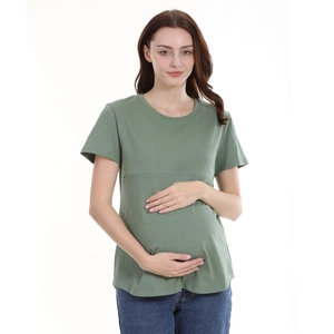 Short sleeve sage green cotton maternity T-shirt with comfortable crew neck design