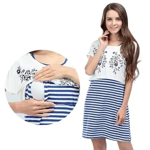 Elegantes Umstandskleid Stillkleid Gestreiftes Oberteil Und Unterteil Mit Blumenmuster Baumwolle Modal Sommerkleid Mit Stillöffnung
