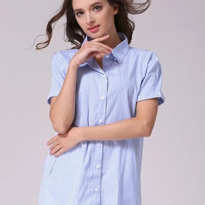 Short sleeve blue striped maternity shirt with professional collar and white buttons