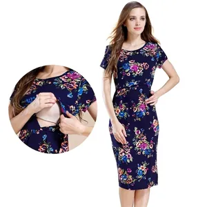 Maternity Nursing Dress Modal Short Sleeve Floral Print Breastfeeding Clothes For Pregnant Women Summer Midi Nightgown