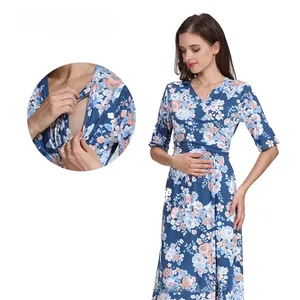 Detailed view of the nursing opening on this floral maternity maxi dress with soft fabric