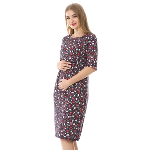 Robe de maternité à fleurs avec fonction allaitement, coupe droite bleu marine à fleurs rouges