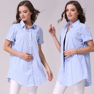 Short sleeve light blue striped maternity shirt with buttons and loose OL casual fit