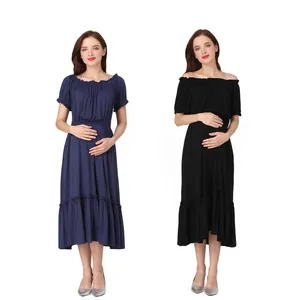 Women Maternity Dress Off Shoulder Modal Ruffled Hem Short Sleeve Casual Pregnancy Long Gown Comfortable Elegant Dress