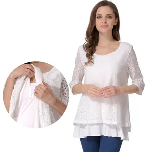 Maternity Nursing T-Shirt Lace Faux Two Piece Cotton Spandex Top With Breastfeeding Access Plus Size Medium Sleeve Women Top
