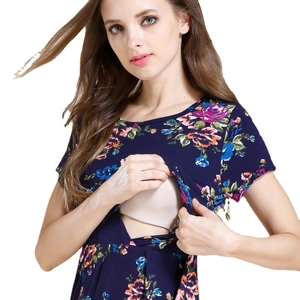 Floral maternity dress in navy blue with lift-up nursing access and elastic modal fabric