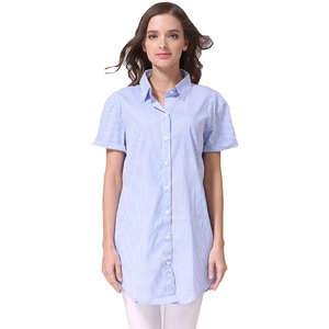Short sleeve blue striped maternity shirt for office wear with button-down front