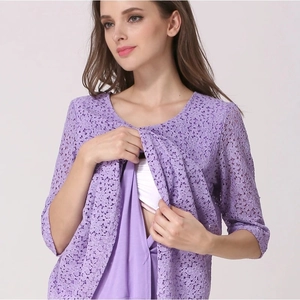 Short-sleeved purple lace maternity top with double-layer nursing design and floral pattern