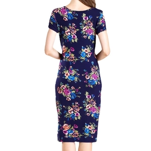 Stretch floral maternity nursing dress in navy blue with back view slim fit design