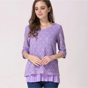 Short sleeve purple lace nursing top for maternity women with elegant layered chiffon hem