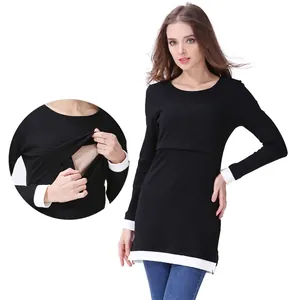 Top Premaman da Donna Manica Lunga Finto Due Pezzi in Misto Cotone Top per Allattamento Tinta Unita Girocollo