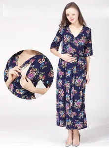 Detail of V-neck nursing access and colorful floral pattern on maternity maxi dress