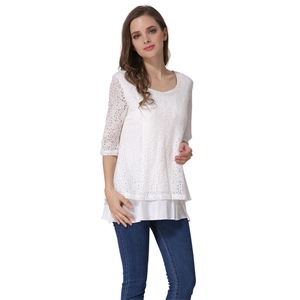 Short-sleeved white lace nursing top with layered maternity design for a casual summer style