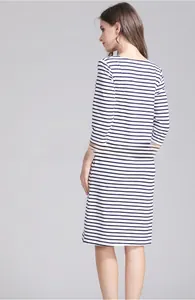Vue arrière détaillée de la robe de maternité rayée en coton avec manches trois-quarts