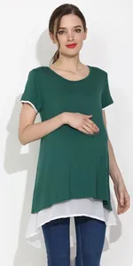 Detail view of a loose maternity t-shirt with nursing access and layered hem design