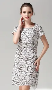 Detail of floral daisy print on a slim-fit summer nursing dress with a square neckline
