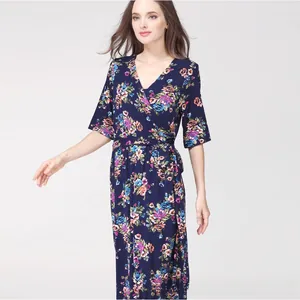Detail of V-neck wrap floral maternity dress with adjustable waist and nursing access