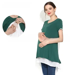 Detail of maternity nursing T-shirt showing functional nursing opening and layered design