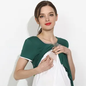 Detail showing dual-layer nursing function of dark green short sleeve maternity top