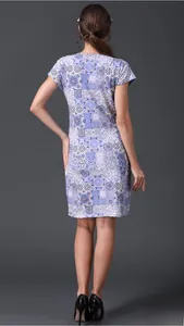 Rear view of short sleeve nursing dress featuring blue and purple geometric mosaic prints