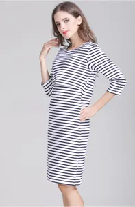 Détail de l'ouverture d'allaitement sur cette robe de maternité rayée en coton à manches 3/4