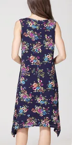 Vue arrière d'une robe de maternité sans manches bleu marine à fleurs et ourlet