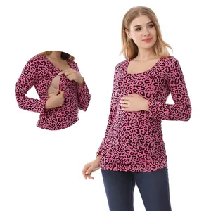 Women's Long Sleeve Nursing Top Cotton Leopard Print Floral Maternity T-Shirt With Breastfeeding Access Slim Fit Top