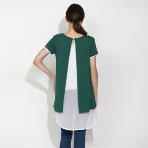 Back view of a maternity short sleeve nursing top with split back design in dark green